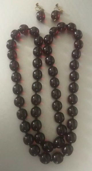 Vtg Art Deco Dark Cherry Amber Bakelite Necklace & Earrings Estate Find Nr