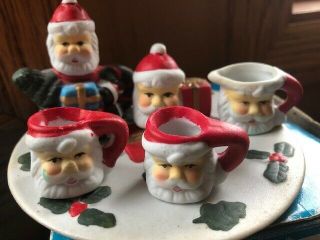 Vintage Miniature Porcelain Toy Santa Claus Christmas Tea Set,  Red Green W/box