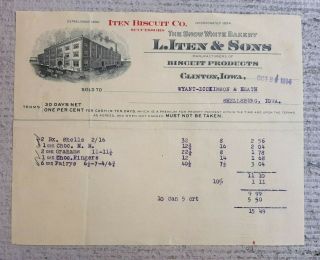 1914 L Iten & Sons Snow White Bakery Biscut Products Invoice Clinton Iowa $15.  49