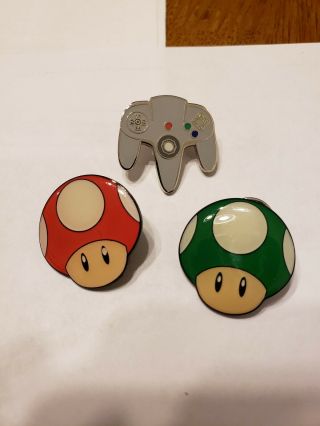 Nintendo Pins - Red,  Green 1up Mushrooms,  N64 Controller