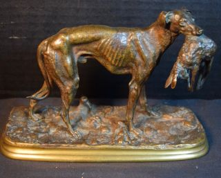 Antique Pj Mene Bronze Sculpture Of A Hunting Dog And Rabbit