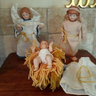 Nativity Dolls,  Porcelain Bisque Baby Jesus,  Joseph And Angel