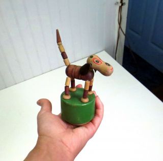 Vintage Mid Century Wooden Spotted Dog Collapsible Thumb Push Bottom Puppet Toy