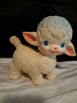Vintage 1950s Sun Rubber Co Blue White Pink 6 " Lamb Rubber Squeeze Toy 1955