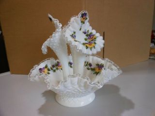 Vintage Fenton Silver Crest 3 Horn Epergne Hand Painted Viola ' s by Louise Piper 2