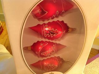 Kringle Glass Set Of 4 Teardrop Red White Tree Design Ornaments Nib Handcrafted