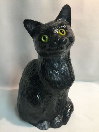 1992 Large Mold Black Cat Statue 9.  5” Ceramic Glass Green Eyes No Cracks/chips