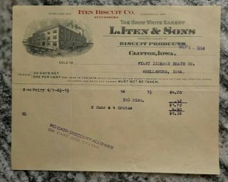1914 L Iten & Sons Snow White Bakery Biscut Products Invoice Clinton Iowa $8.  18