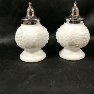 Vintage Imperial Glass Milk White Grape Pattern Salt And Pepper Shakers