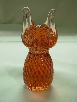Vintage Mid Century Hand Blown Peach Art Glass Quilted Owl Figurine 4 1/4 "