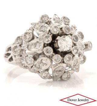 Vintage 0.  85ct Diamond 14k White Gold Cluster Floral Ring 7.  6 Grams Nr