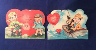 2 Vintage 1940 Fold Out Dimensional Valentine Cards Boy & Dog Fishing & Pirate
