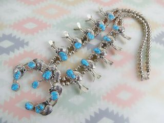 Vintage Navajo Sterling Silver Bench Bead Turquoise Fine Squash Blossom Necklace