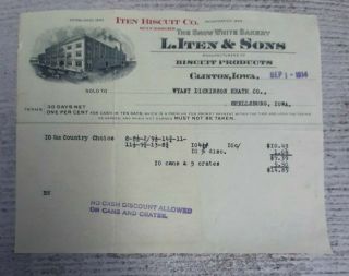 1914 L Iten & Sons Snow White Bakery Biscut Products Invoice Clinton Iowa