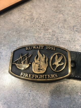 Kuwait 1991 Firefighters Handmade Solid Brass Belt Buckle On Unique 42” Belt