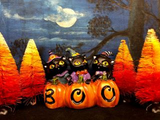 Vintage Halloween Cat Black Witch Pumpkin Boo Figurine Jol Décor Fall 3 Kitty