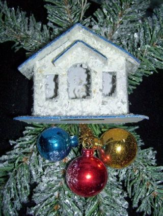 Bethany Lowe Christmas Wall Window Decor House Glass Balls Greenery Snow Glitter