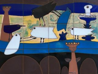 Large Susana Espinosa Tile Art Sculpture Mural Listed Signed Birds 23.  75 "