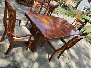 Vintage Solid Mahogany Dining Table Set Krader Wolf 1 Leaf 6 Chairs 60x42