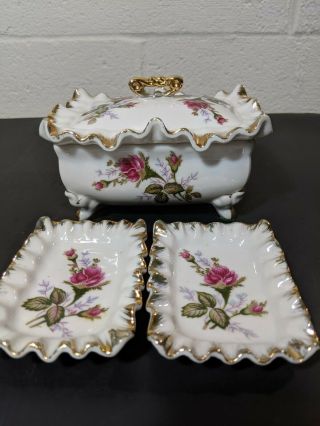 Vintage Tilso Japan White Porcelain Trinket Box W/ 2 Dishes Roses Gold Trim Flaw
