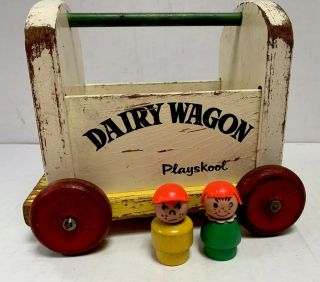 Vintage Playskool Dinky Dairy Wood Toy Milk Wagon Pull Toy And Little People
