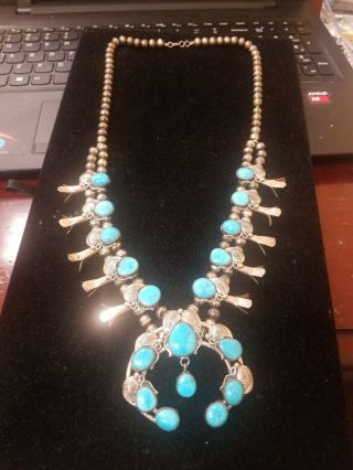 Vintage Silver Squash Blossom Necklace With Turquoise Sined W Pendant -