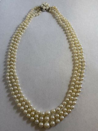Vintage Saltwater Akoya Pearl Three Strand Necklace 14k Solid Gold Clasp