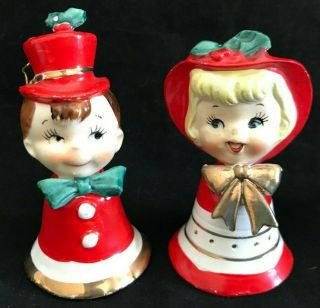 Set Of 2 Vintage Lefton Boy & Girl Christmas Ornament Bell Figurines Japan 1146