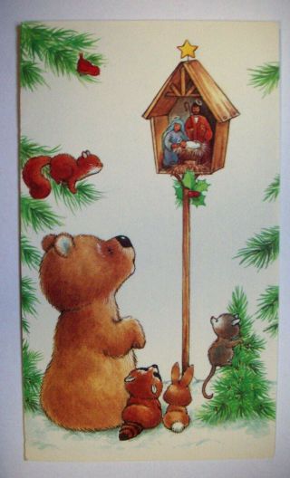 Bear Bunny Forest Animals W Nativity Modern Christmas Greeting Card 3i