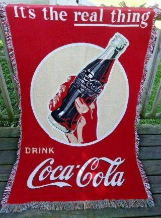 Vintage Coca Cola Throw Blanket Tapestry Fringed 40”x60” It 