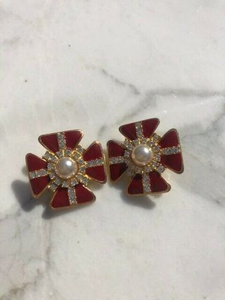 Chanel Vintage Clip On Earrings Pearl Red And Gold Enamel Jumbo Signed Glossy
