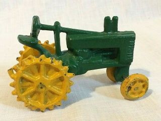 Primitive Cast Iron John Deere Toy Tractor Painted Green and Yellow 2