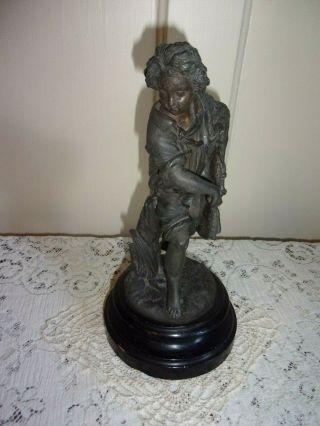 Victorian Cast Metal Youth With Cape 10.  5 Inch High Statue With Wooden Base