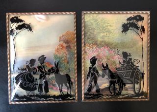 Vintage Silhouette Reverse Painting On Convex Glass Couple With Needlework
