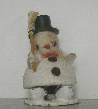 Vintage Snowman Tophat Broom Snowed Christmas Decoration Figure Pressed Cotton