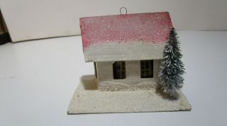 Vintage Putz Era Cardboard Christmas House With Tree Red Roof Japan