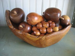 Hand Turned Made Signed Burl Wood Bowl W 9 Pc Mid - Century Modern Wood Fruit