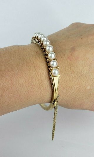 Vintage 14k Solid Yellow Gold Hinged Bangle Bracelet With Pearls 18 Grams