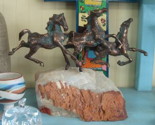 Curtis Jere Signed Bronze Metal Marble Running Horses Sculpture Statue 1970 Mcm