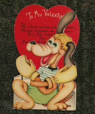 Vintage Die Cut Valentine Anthropomorphic Pluto - Type Boxing Gloves On