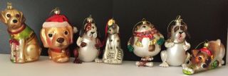 Seven Dog Blown Glass Christmas Tree Ornaments,  3 " - 5 " Tall,  Love Puppies & Dogs