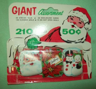 Vintage Christmas Gummed Seals Labels Santa Poinsettia & Snowman Pair In Pkg