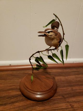 Handmade Painted Brown White Sparrow Wren Bird Branch With Stand 10in Height