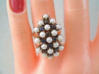 Vintage Large 14k Gold Blue Sapphire & Pearl Cocktail Ring Sz6