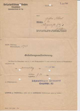 Ww2 German Police Document From The Munchen Police Headquarters 8.  25 " X 11.  75 "
