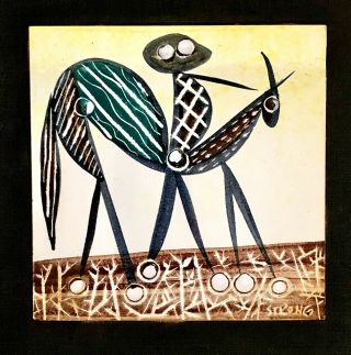 Signed Harris Strong Mid - Century Modern 1950s Hand Painted Ceramic Tile
