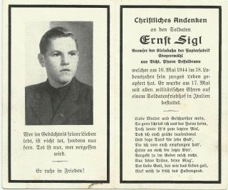 German Death Card – JÄger 17 Years – Italy 05.  1944 Kia
