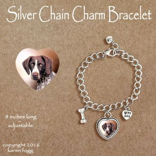 German Shorthair Pointer Dog - Charm Bracelet Silver Chain & Heart