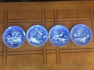 Vintage Currier And Ives Set Of Four (4) Blue And White 8.  25 " Decorative Plates