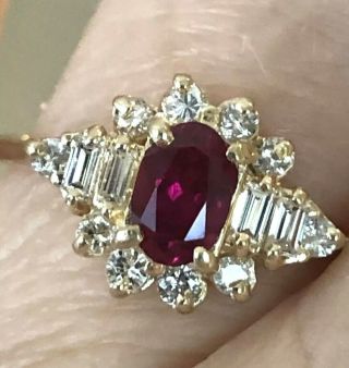 Vintage 14k Yellow Gold.  75 Ct Ruby Diamond Baguette Round Halo Ring Sz 6.  5 Smg